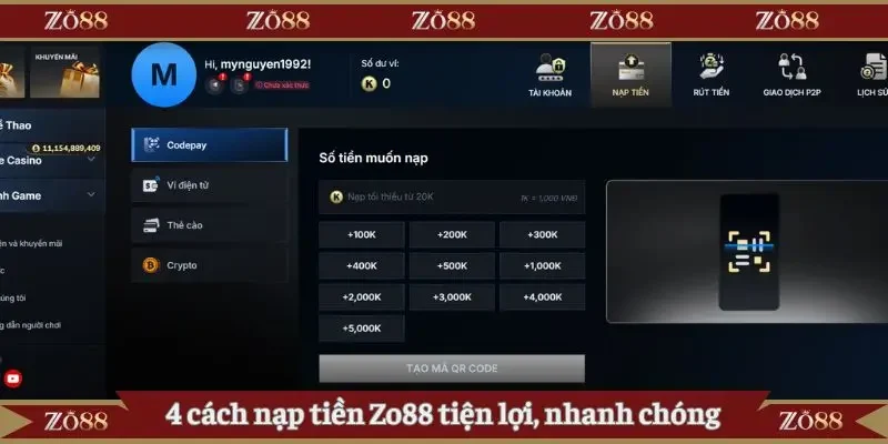 4 cách nạp tiền Zo88 tiện lợi, nhanh chóng